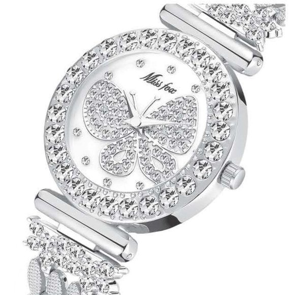 Miss Fox Accessories - 18K White Gold & CZ Diamond Butterfly BLING Watch